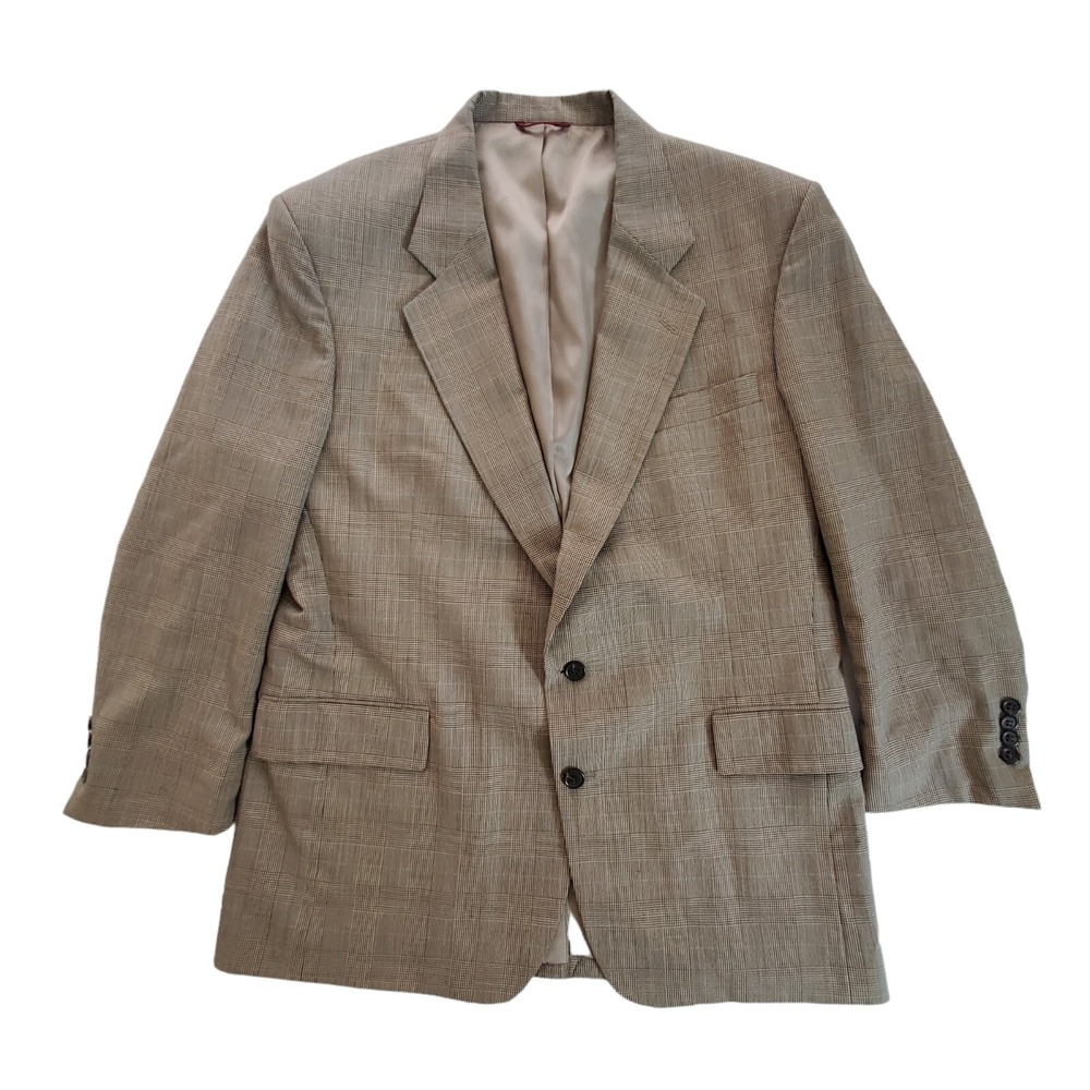 Jos A Bank Jacket Blazer Pure Wool Mens 44R Gray Blue Plaid Lightweight USA Made